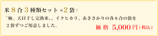 米8合3種類セット×2袋:「極」天日干し完熟米(コシヒカリ)、イクヒカリ、あきさかりの各8合の袋を2袋ずつご用意しました。価 格 5,000円(税込)